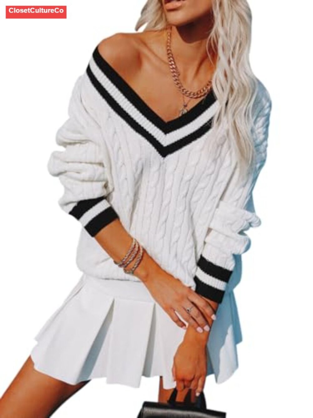 Oversized V-Neck Cable Knit Striped Chunky Pullover Sweater Long Sleeve Tunic